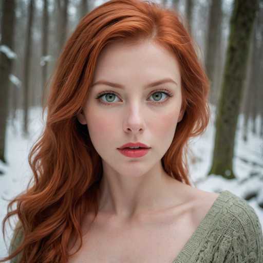 A young woman with vibrant red hair is captured in a moment of quiet contemplation in the midst of a snowy forest. Her long, flowing hair cascades down her shoulders, contrasting beautifully against the white snow that blankets the ground around her. The trees behind her stand tall and silent, their branches heavy with fresh snowfall. The woman's gaze is directed straight at the camera, meeting it with an air of quiet confidence.