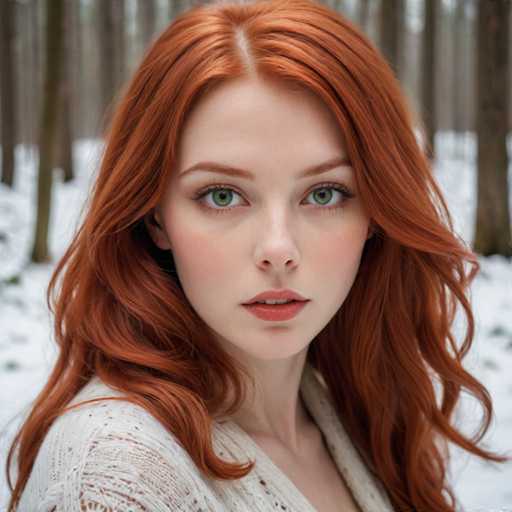 A young woman with vibrant red hair is captured in a moment of quiet contemplation in the midst of a snowy forest. Her long, flowing hair cascades down her back, contrasting beautifully against the white snow that blankets the ground around her. The trees behind her stand tall and silent, their branches heavy with snow, creating a serene backdrop to this intimate portrait. The woman's gaze is directed straight at the camera, meeting it with an air of quiet confidence.