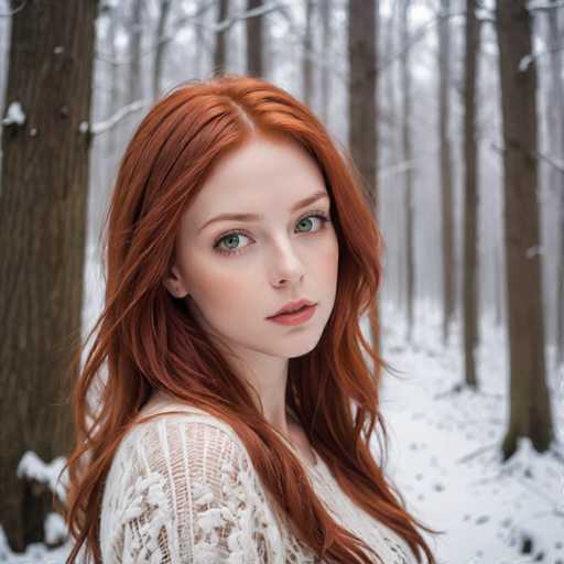 A young woman with vibrant red hair is captured in a moment of solitude in the midst of a snowy forest. She stands before a group of tall trees that tower over her, their branches heavy with snow. The trees are scattered throughout the background, creating an impression of depth and distance. The woman's gaze is directed off to the side, as if she is lost in thought or simply enjoying the serene beauty of her surroundings.