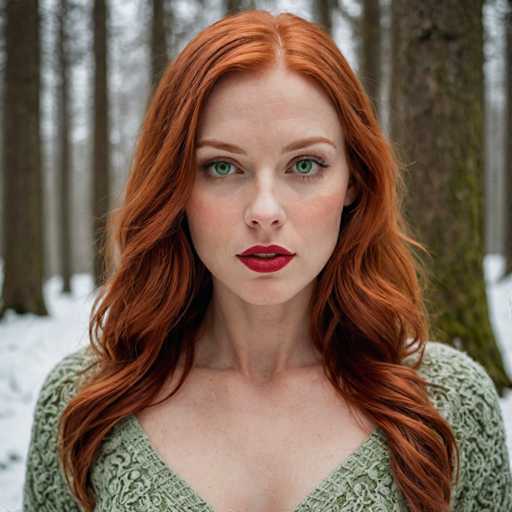 A woman with red hair and green eyes is standing in a snowy forest. She is wearing a green sweater that blends with the surrounding trees. The background features tall trees covered in snow, creating a serene winter landscape.