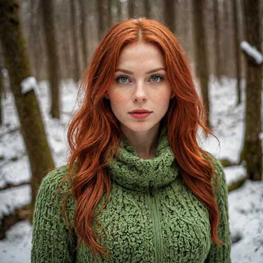 A young woman with red hair is standing in a snowy forest. She is wearing a green sweater and has her hair styled in loose waves. The trees around her have snow-covered branches, creating a serene winter landscape.