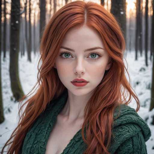 A young woman with red hair is standing in a snowy forest. She is wearing a green sweater and has her hair styled in loose waves. The trees around her have snow-covered branches, creating a serene winter landscape.