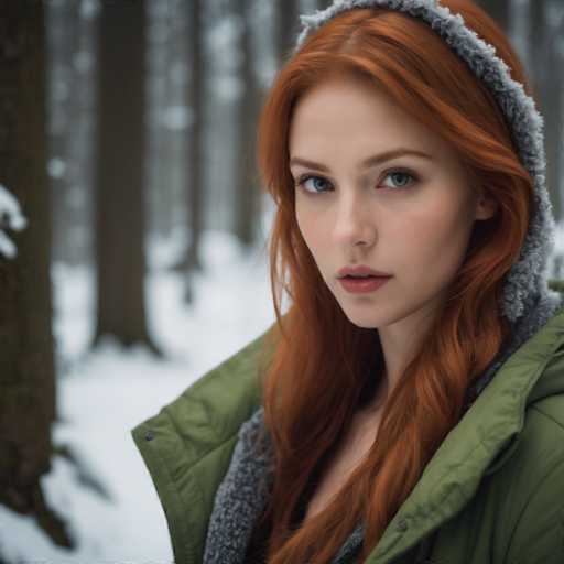 A young woman with red hair is standing in a snowy forest. She is wearing a green jacket and has her hair styled in loose waves. The trees around her have snow-covered branches, creating a serene winter landscape.