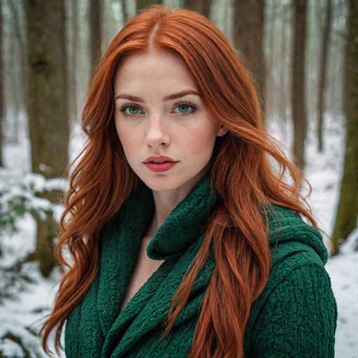 A young woman with red hair is standing in a snowy forest. She is wearing a green sweater and has her hair styled in loose waves. The trees around her have snow-covered branches, creating a serene winter landscape.