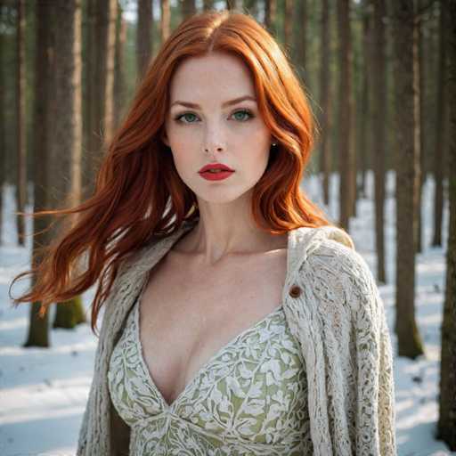 A woman with red hair and a green floral top stands in front of a forest of tall trees on a snowy day.