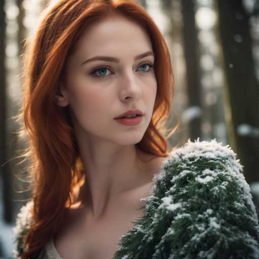 A young woman with red hair is standing in a forest surrounded by snow-covered trees and bushes. She is wearing a green coat that contrasts with the white snow around her. The woman's face is partially obscured by the coat, but she can be seen looking off to the side.