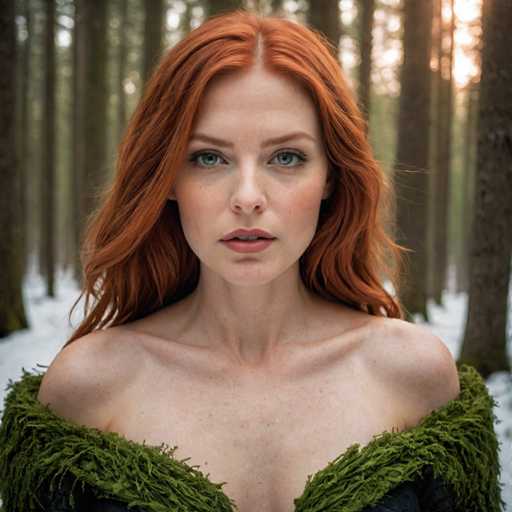 A woman with red hair and green eyes is standing in a forest surrounded by trees. She is wearing a black dress that has a green fringe on the shoulders. The background of the image is blurred, but it appears to be a forest or wooded area.