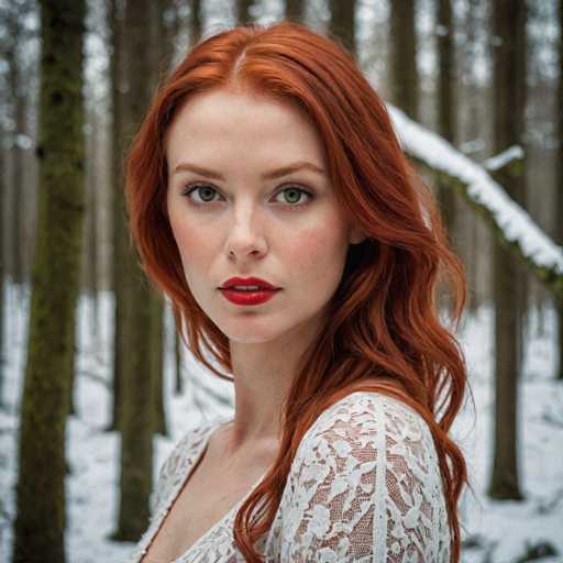 A woman with red hair is standing in a snowy forest surrounded by tall trees and snow-covered branches. She is wearing a white lace top that contrasts with the winter landscape around her. The woman's gaze is directed off to the side, suggesting she may be observing something or someone outside of the frame.