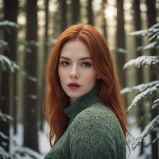 A young woman with red hair is standing in a snowy forest surrounded by tall trees and snow-covered ground. She is wearing a green sweater that blends with the natural surroundings. The background features a blurred image of more trees and snow, creating an atmosphere of tranquility and solitude.