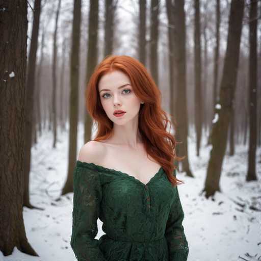 A young woman with red hair is standing in a snowy forest surrounded by tall trees and snow-covered ground. She is wearing a green dress that contrasts with the white snow around her. The woman's gaze is directed straight at the camera, creating an engaging portrait.