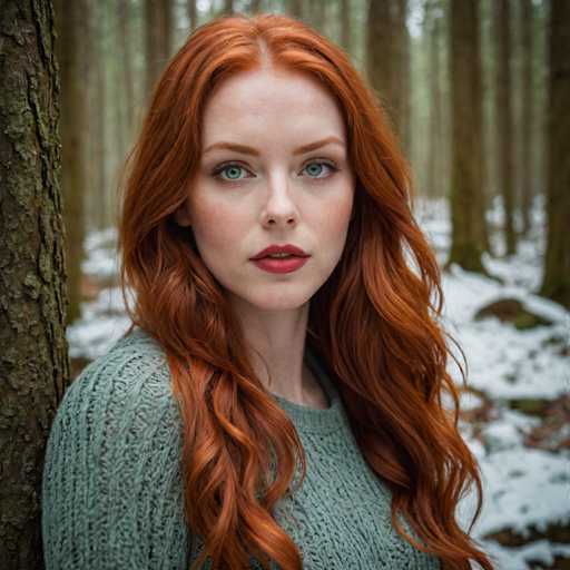 A woman with long red hair is standing against a tree trunk in a forest setting. She is wearing a blue sweater and her gaze is directed off to the side. The background features tall trees and snow-covered ground, creating a serene winter landscape.