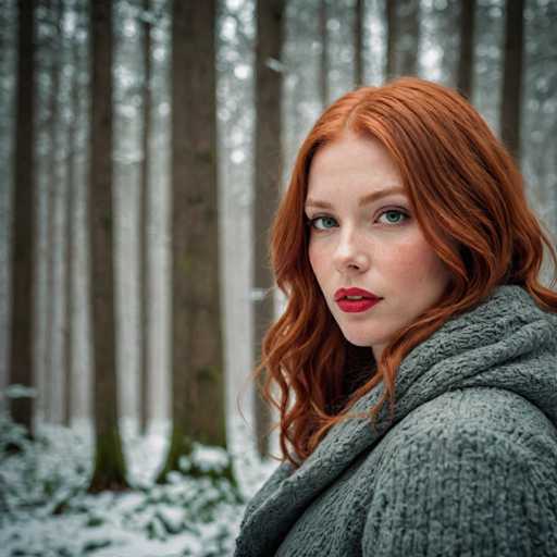 A woman with red hair is standing in a forest surrounded by tall trees and snow-covered ground. She is wearing a gray sweater and has her hair styled in loose waves. The background features the silhouettes of the trees against an overcast sky.