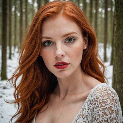 A woman with red hair and green eyes is standing in a forest surrounded by trees. She is wearing a white lace top that contrasts with her fiery hair color. The background features tall trees with brown trunks and green leaves against an overcast sky.