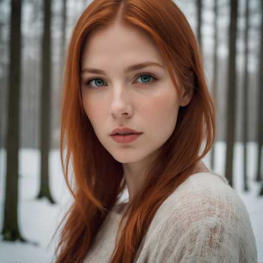 A young woman with long red hair is captured in a moment of quiet contemplation in the midst of a snowy forest. Her gaze is directed off to the side, and her expression is serious as she looks directly at the camera. The trees around her are tall and bare, their branches reaching out into the cold winter air.