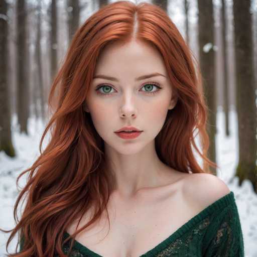 A young woman with long red hair and striking green eyes is captured in a moment of quiet contemplation in the midst of a snowy forest. She is dressed in a vibrant green sweater that contrasts beautifully against the white snow around her. The trees behind her are tall and bare, their branches reaching out into the cold winter air.