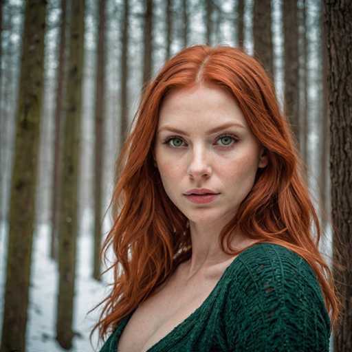 A woman with red hair wearing a green sweater stands in front of a forest of tall trees on a snowy day.