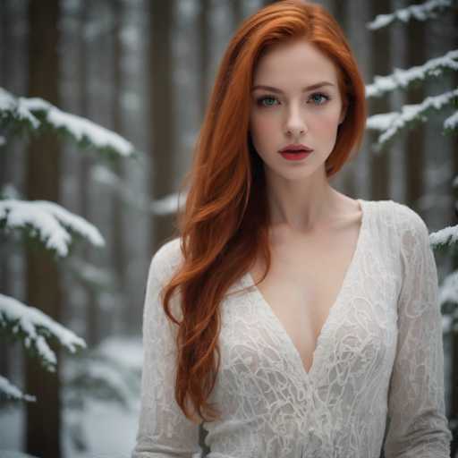 A young woman with red hair is standing in a snowy forest. She is wearing a white lace top and has her hair styled in loose waves. The trees around her have snow-covered branches, creating a serene winter landscape.