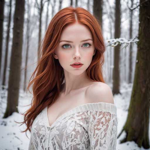 A young woman with red hair is standing in a snowy forest. She is wearing a white lace top and has her shoulders back as she gazes directly at the camera. The trees around her have snow-covered branches, creating a serene winter landscape.