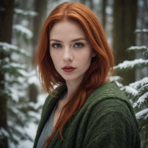 A young woman with red hair is standing in a snowy forest. She is wearing a green sweater and has her hair styled in loose waves. The background features tall trees covered in snow, creating a serene winter landscape.