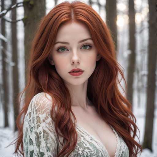 A young woman with long red hair is the main subject of this image. She has striking green eyes and a bold red lip that contrasts beautifully against her vibrant red hair. The background features a snowy forest filled with trees, creating an enchanting winter scene.