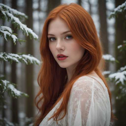 A young woman with long red hair is standing in a snowy forest surrounded by tall trees and snow-covered branches. She is wearing a white dress that contrasts with the wintery scene around her. The woman's gaze is directed off to the side, suggesting she may be observing something or someone outside of the frame.