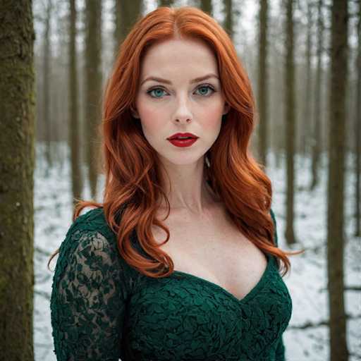 A woman with red hair and a green dress stands in front of a forest of tall trees on a snowy day.