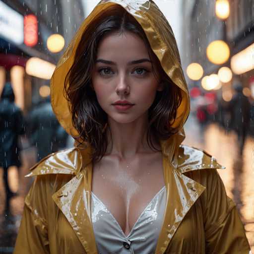 A young woman with long brown hair is standing on a wet street at night, wearing a yellow raincoat and holding an umbrella over her head. The background features the glow of street lights and buildings in the distance, creating a sense of depth and perspective.