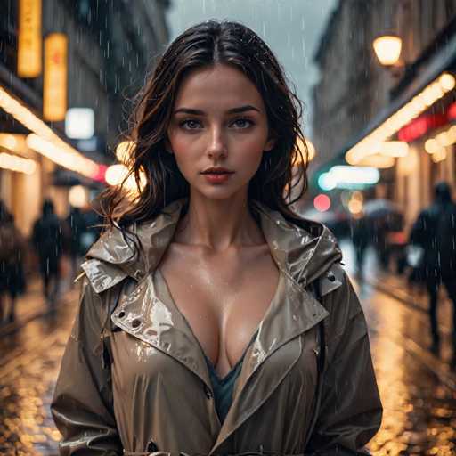 A woman with long brown hair is standing on a wet city street at night, wearing a tan trench coat and holding an umbrella over her head as she looks directly into the camera.