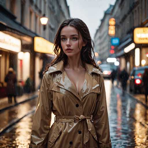 A young woman stands on a wet street at night, wearing a brown trench coat and holding an umbrella. The street is lined with buildings and shops, creating a cityscape backdrop.