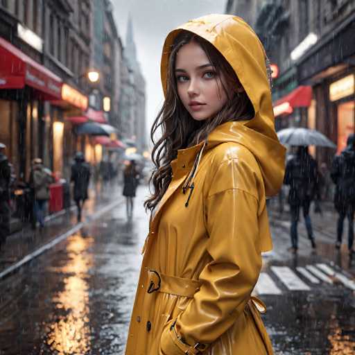 A young woman wearing a yellow raincoat stands on a wet city street, holding an umbrella and looking directly at the camera with a serious expression.