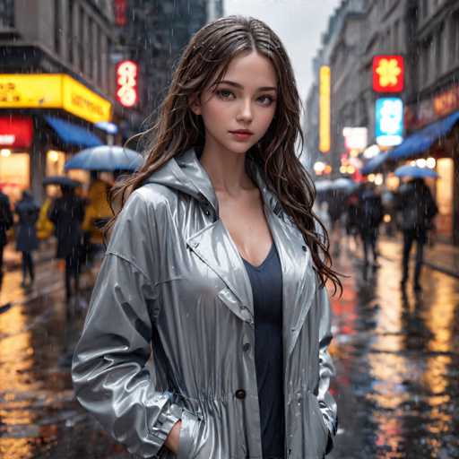 A young woman with long brown hair is standing on a wet city street at night, wearing a silver raincoat and holding an umbrella. The background features illuminated buildings and neon signs, creating a vibrant urban atmosphere despite the rainy weather.