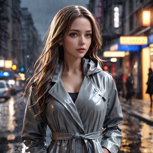 A young woman with long brown hair is standing on a wet city street at night, wearing a silver raincoat and holding her purse close to her body. The background features tall buildings illuminated by bright lights, creating an urban atmosphere.