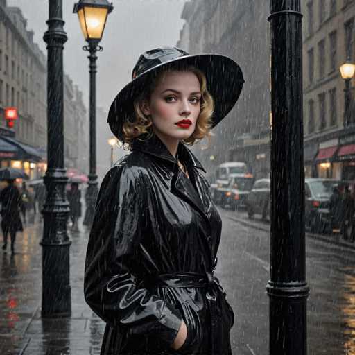 A woman stands on a rain-soaked street corner wearing a black trench coat and hat with a red lipstick. She holds an umbrella over her head as she gazes directly at the camera.