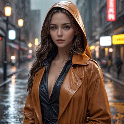 A young woman stands on a wet city street at night, wearing an orange raincoat and black boots with her hair pulled back into a ponytail. The street is slick from recent rainfall, reflecting the glow of nearby streetlights that cast a soft light over the scene.