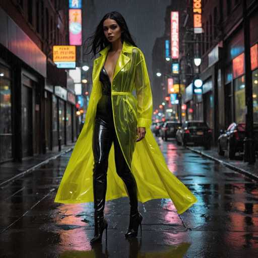 A woman is standing on a wet city street at night, wearing a bright yellow raincoat and black high heels with her hair styled in loose waves. The background features illuminated buildings and cars driving by, creating an urban atmosphere.