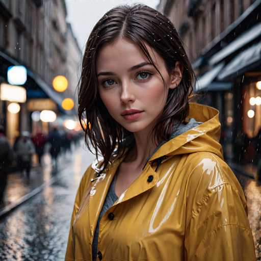 A young woman with long brown hair is standing on a wet city street at night, wearing a yellow raincoat and looking directly at the camera. The background features buildings and lights that cast an atmospheric glow over the scene.