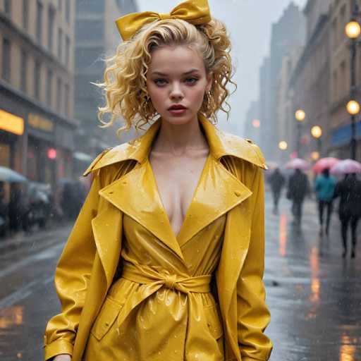 A woman with blonde hair is walking down a rain-soaked street wearing a yellow raincoat and matching yellow bow in her hair. She carries a black umbrella over her shoulder as she navigates the wet cityscape.