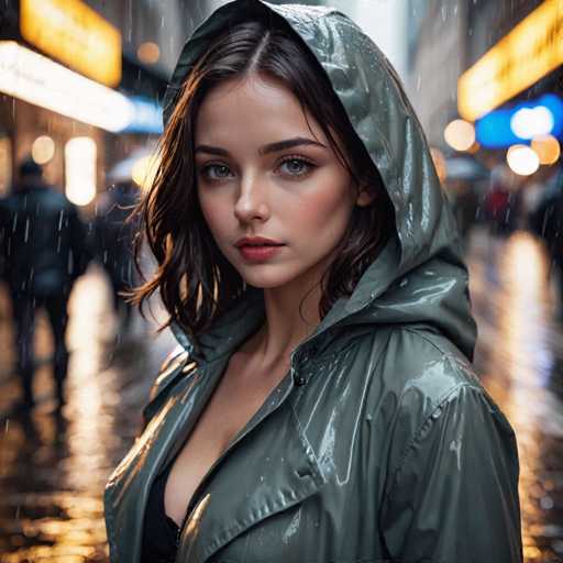 A young woman with long brown hair is standing on a wet city street at night. She is wearing a green hooded jacket and has red lipstick on her lips. The background shows the glow of streetlights reflecting off the wet pavement, creating an atmospheric setting for the image.