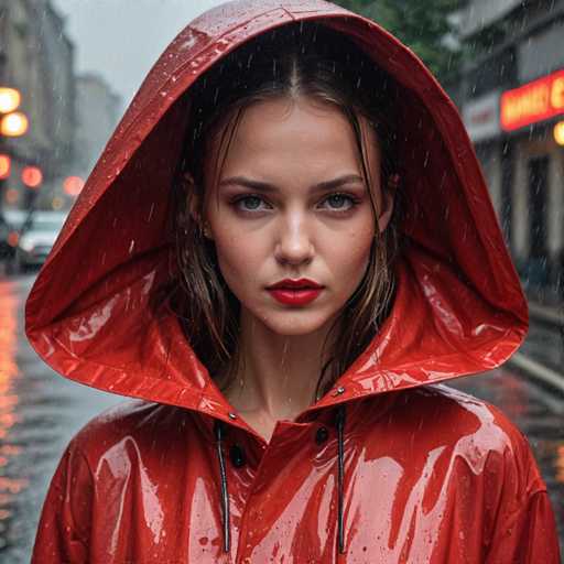 A young woman stands on a wet street, wearing a vibrant red raincoat and holding an umbrella over her head. The background is blurred, but the presence of cars suggests that she might be in an urban setting with traffic lights visible in the distance.