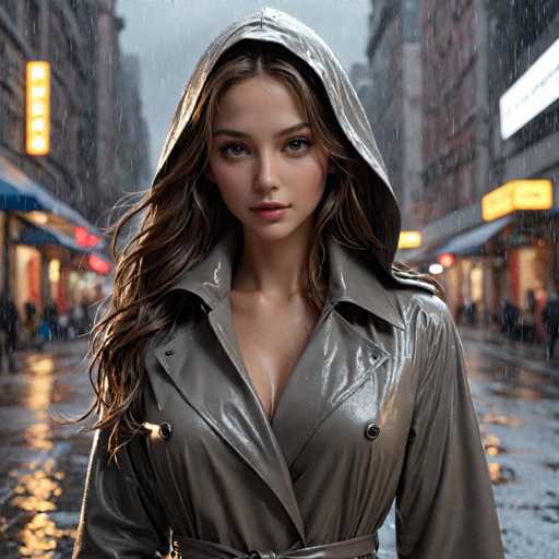 A woman is walking down a rain-soaked street at night, wearing a gray hooded jacket and carrying a black umbrella. The city around her is illuminated by the glow of neon signs and buildings, creating an urban atmosphere despite the rainy weather.