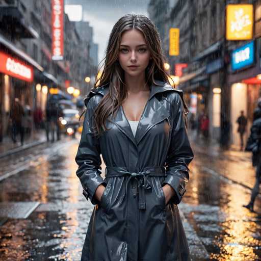 A woman stands on a wet city street at night, wearing a long black raincoat and holding her purse over her shoulder. The street is slick with rainwater, reflecting the lights from nearby buildings that cast an ethereal glow.