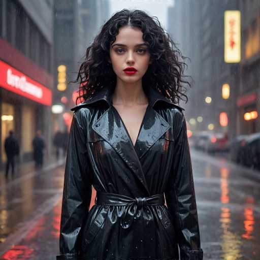 A young woman with curly hair is standing on a wet city street at night, wearing a black leather jacket and red lipstick. The background features buildings illuminated by neon signs and cars parked along the street.