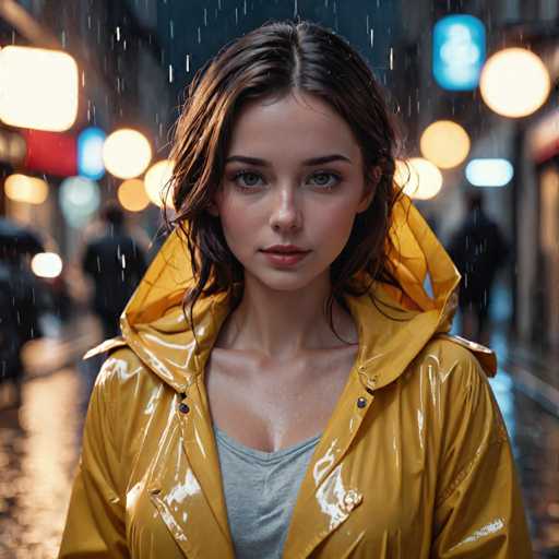 A young woman stands on a wet street at night, wearing a yellow raincoat and holding an umbrella. The background is filled with colorful lights from the buildings around her, creating a vibrant cityscape.