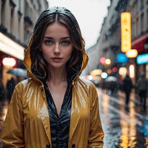 A young woman stands on a wet city street, wearing a yellow raincoat and black boots with her hair pulled back into a ponytail. The background is filled with the glow of neon signs from various shops lining the street, creating an urban atmosphere despite the rainy weather.