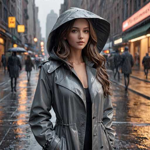 A woman stands on a rain-soaked street, wearing a gray raincoat and holding an umbrella over her head. The wet pavement reflects the surrounding lights, creating a mirror image of the cityscape behind her. In the distance, buildings rise up against the sky, their windows glowing with warm light from within.