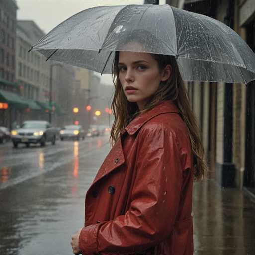 A young woman stands on a wet city sidewalk under an umbrella during a rainstorm. She is wearing a red coat and has long brown hair that falls over her shoulders. The street behind her is slick with rainwater, reflecting the lights from passing cars.