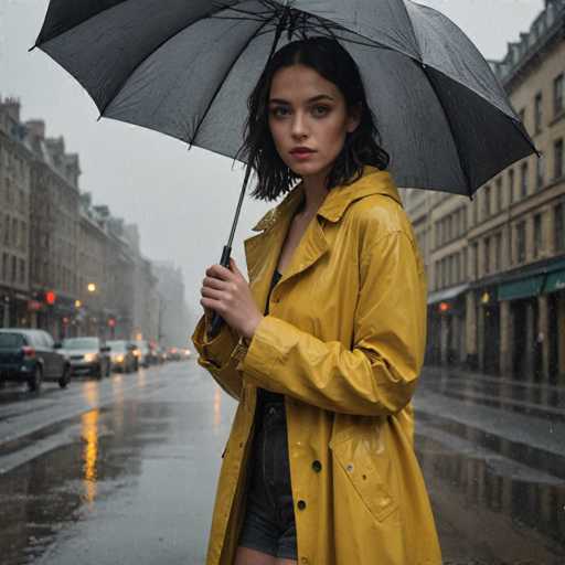 A young woman stands on a wet city street holding an umbrella and wearing a yellow raincoat with black shorts underneath it. The background shows buildings and cars lining the street under a gray sky.