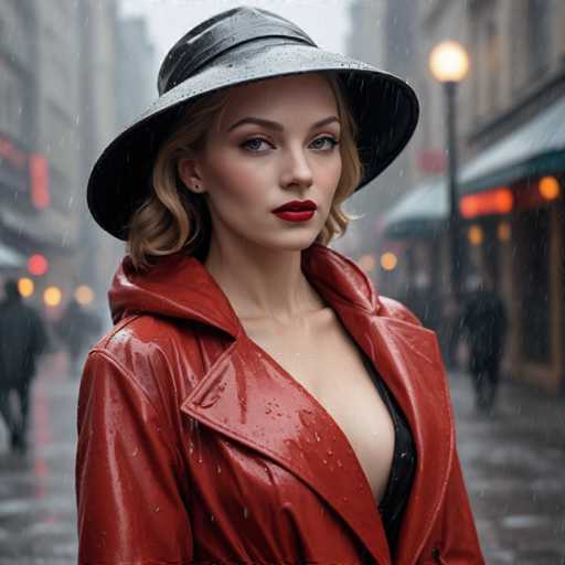 A woman is standing on a rainy street wearing a red raincoat and black hat with her hair styled in loose waves. She has blonde hair that falls over her shoulders. The background shows buildings lining the street, suggesting an urban setting.