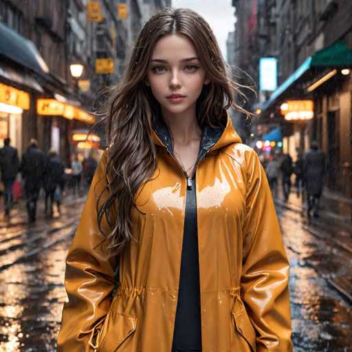 A young woman with long brown hair is standing on a wet city street at night, wearing an orange raincoat and black pants. The streetlights cast a warm glow on the scene as she gazes directly into the camera.