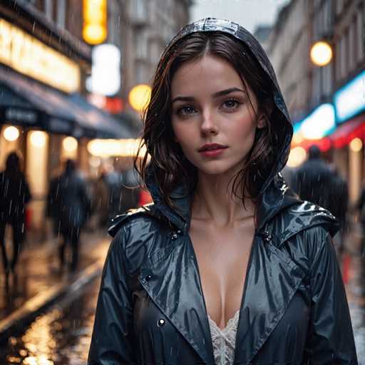 A young woman stands on a rain-soaked street at night, wearing a black hooded jacket and white lace bra under it. The wet pavement glistens with the reflection of distant lights, creating a mirror image that adds depth to the scene. In the background, buildings rise up against the dark sky, their windows glowing warmly in the soft light from above.